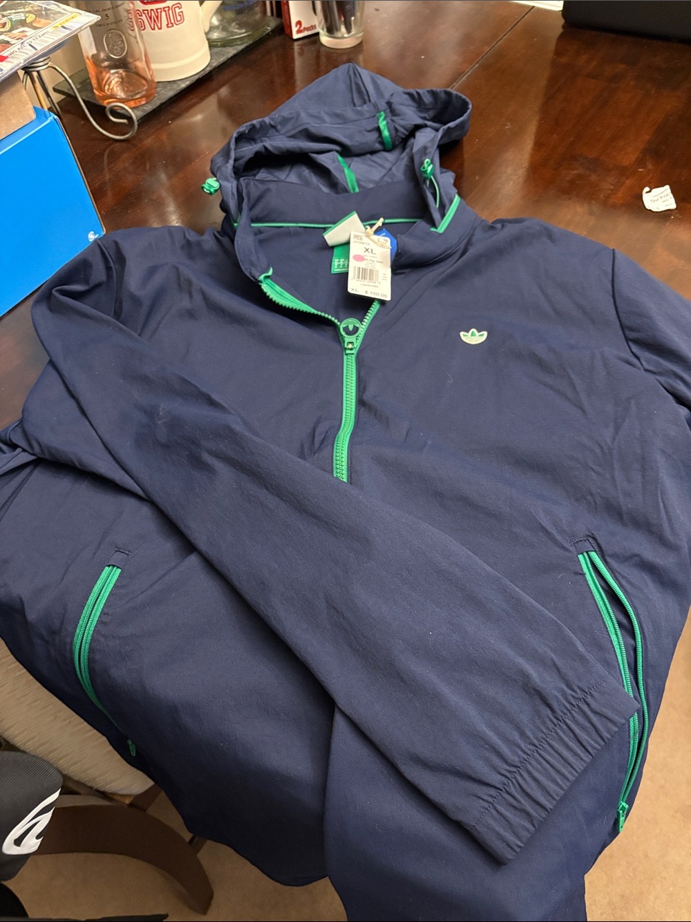 adidas Navy Hooded Jacket with Green Trim